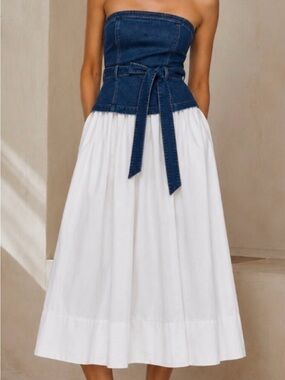 Denim Jean Bodice Strapless long dress in Blue and White